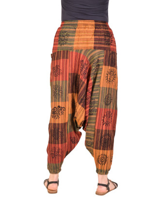 Turecké kalhoty, barevné s kapsami, patchwork potisk, indické symboly a proužky
