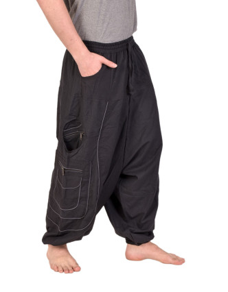 Turecké kalhoty, černo-šedé s kapsami, lemování a výšivka, unisex