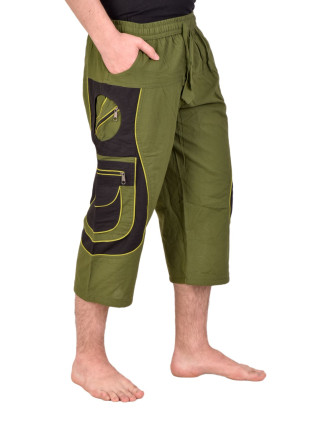 Kalhoty 3/4, černo-khaki zelené s kapsami, lemování a výšivka, unisex