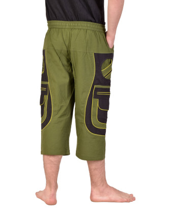 Kalhoty 3/4, černo-khaki zelené s kapsami, lemování a výšivka, unisex