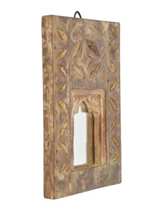 Dřevěný rám z teakového dřeva se zrcadlem, ruční řezby, 19x3x31cm