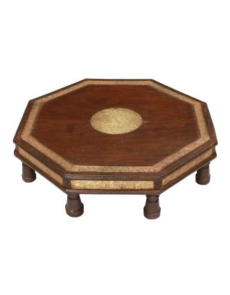 Čajový stolek z teakového dřeva, mosazné kování, 75x75x20cm
