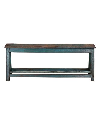 Lavička z teakového dřeva, tyrkysová patina, 127x43x50cm