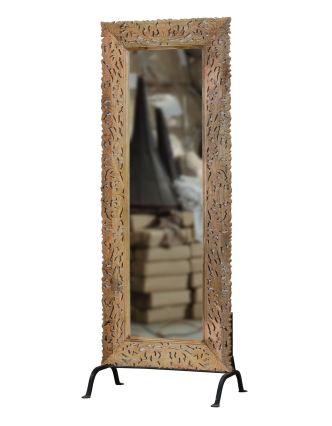 Ručně vyřezávané zrcadlo z mangového dřeva, samostojné, 74x48x193cm