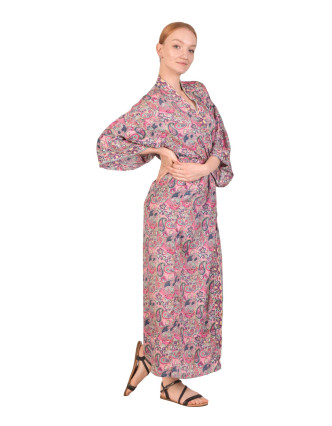 Dlouhé kimono s páskem, paisley potisk, růžové
