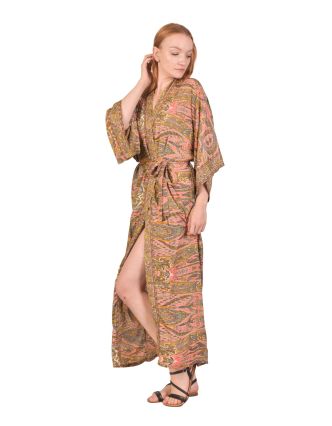 Dlouhé kimono s páskem, paisley potisk, béžovo-růžové