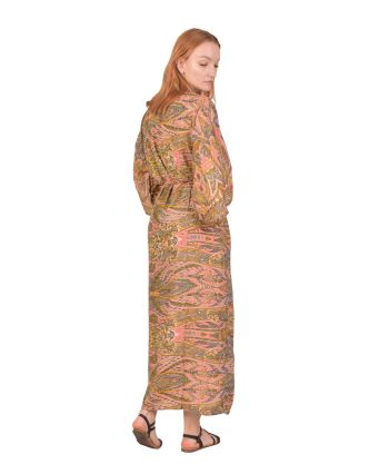 Dlouhé kimono s páskem, paisley potisk, béžovo-růžové