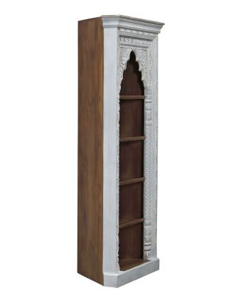 Rohová knihovna z mangového dřeva, ruční řezby, 95x55x205cm