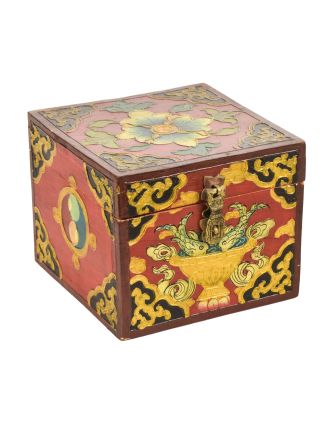 Dřevěná šperkovnice ručně malovaná, buddhistické motivy 15x15x12,5cm