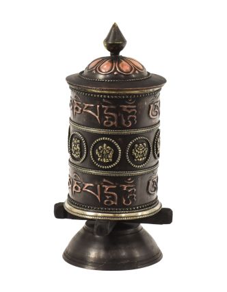 Stolní modlitební mlýnek mosazný zdobený mantrou a symboly ashtamangala