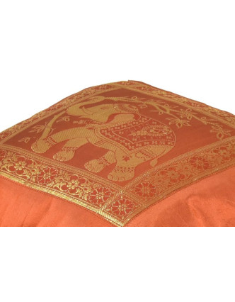 Povlak na polštář, oranžový se sloním designem, zlatá výšivka, 40x40cm