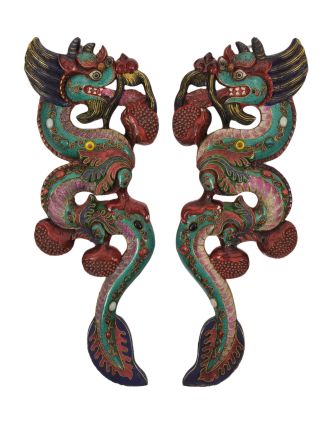 Dřevěná dekorace, "Dva draci", 2ks, barevně malovaná a vykládaná, 41x18cm