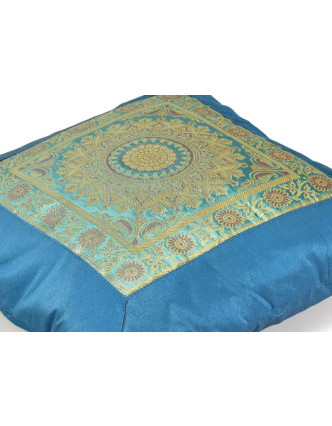 Povlak na polštář, modrý s mandala designem, zlatá výšivka, 40x40cm