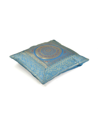 Povlak na polštář, modrý s mandala designem, zlatá výšivka, 40x40cm
