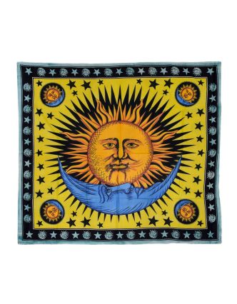 Přehoz na postel, potisk slunce a měsíc, žluto-modrý 210x230cm
