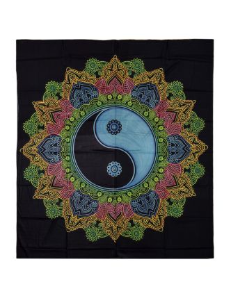 Přehoz na postel, potisk barevné Mandaly Jing-Jang na černé 210x230cm
