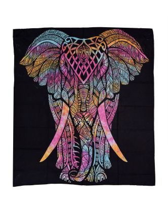 Přehoz na postel s potiskem slona, černý s barevnou batikou 210x230cm
