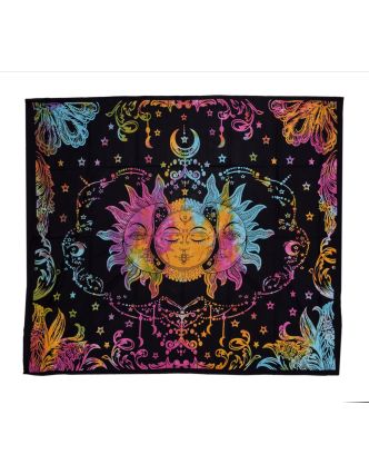 Přehoz na postel s potiskem slunce a měsíce, barevná batika 210x230cm