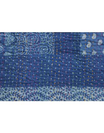 Přehoz na postel, dvojitý, prošívaný patchwork, modrotisk, 248x274cm
