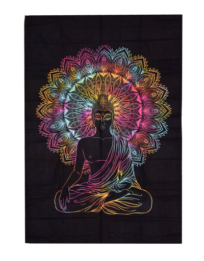 Přehoz s tiskem buddhy, černý a batikovaný podklad 130x210cm