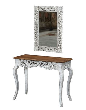 Toaletní stolek z mangového dřeva a zrcadlo, bílá patina, 94x40x77cm