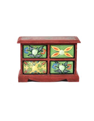 Skříňka s 4 keramickými šuplíky, ručně malovaná, dřevo, 27x13x18cm