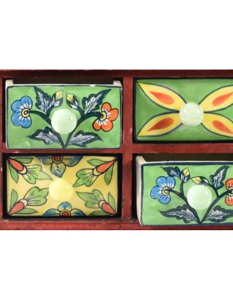 Skříňka s 4 keramickými šuplíky, ručně malovaná, dřevo, 27x13x18cm