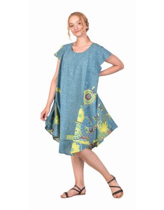 Tříčtvrteční volné letní šaty, modré s květinovým potiskem