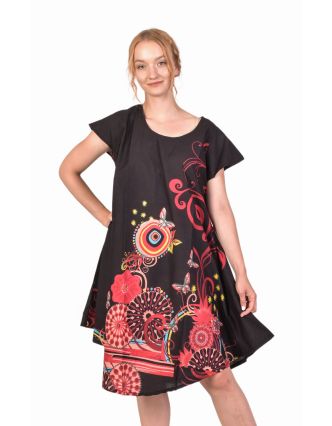 Tříčtvrteční volné letní šaty, černé s květinovým potiskem