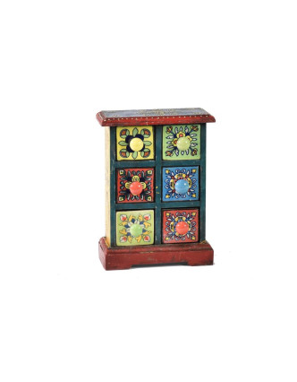 Skříňka s 6 keramickými šuplíky, ručně malovaná, dřevo, 17x8x24cm