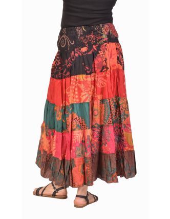 Dlouhá barevná patchworková sukně s potiskem, žabičkování v pase