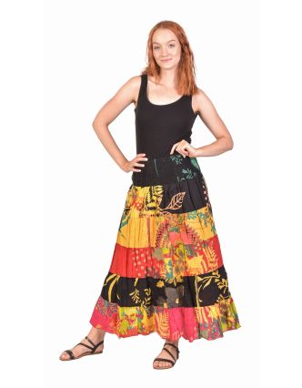 Dlouhá barevná patchworková sukně s potiskem, žabičkování v pase