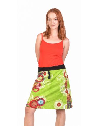 Krátká zelená sukně s barevným potiskem, elastický pas a šňůrka