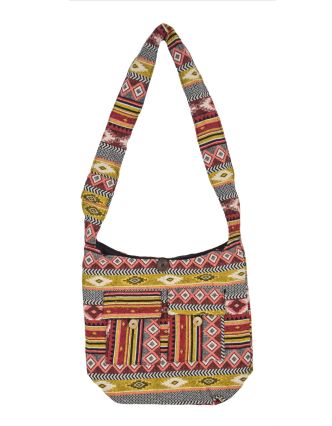 Taška přes rameno červeno-žlutá s Azteckým vzorem na zip 40x36cm, 2 přední kapsy