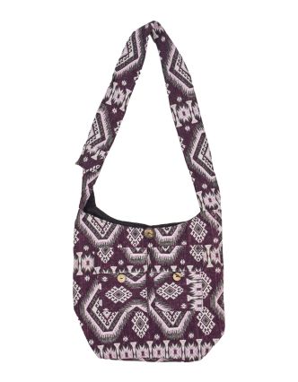 Taška přes rameno fialovo-bílá s Azteckým vzorem na zip 40x36cm, 2 přední kapsy