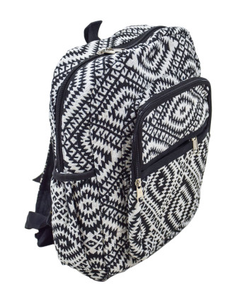 Batoh s Azteckým vzorem na zip černo-bílý s kapsami, nastavitelné popruhy