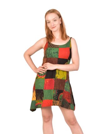 Krátké šaty na ramínka, barevný patchwork, asymetrické, bavlněný úplet