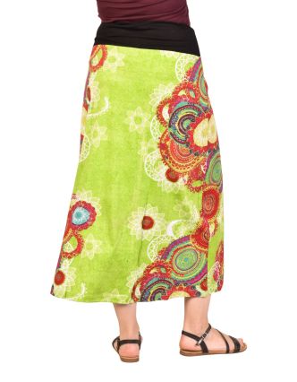 Dlouhá zelená sukně s barevným potiskem, elastický pas a šňůrka