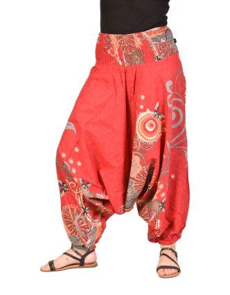 Turecké kalhoty-overal-halena 3v1 červené s potiskem a žabičkování v pase