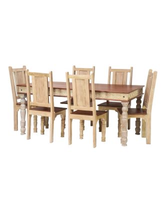 Jídelní stůl z teakového dřeva, ruční řezby, 6 židlí