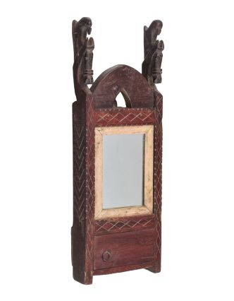 Staré zrcadlo s poličkou z teakového dřeva, 19x7x53cm