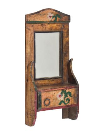 Staré zrcadlo s poličkou z teakového dřeva, 19x8x42cm
