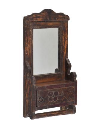 Staré zrcadlo s poličkou z teakového dřeva, 19x8x37cm