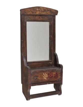 Staré zrcadlo s poličkou z teakového dřeva, 22x9x44cm