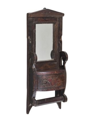 Staré zrcadlo s poličkou z teakového dřeva, 15x8x39cm