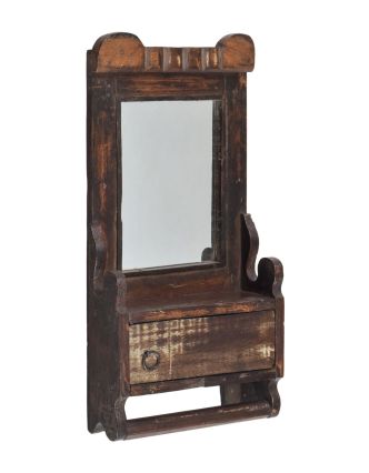 Staré zrcadlo s poličkou z teakového dřeva, 29x8x38cm