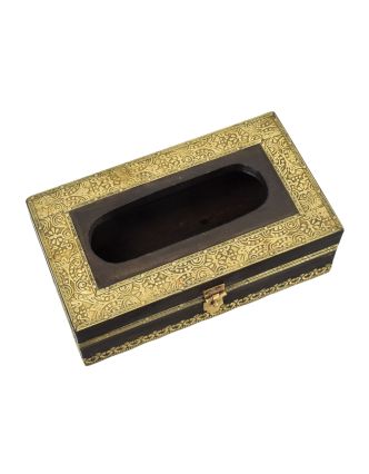Krabička na kapesníky, drěvěná, zdobená mosazným plechem, 23x13x8cm