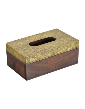 Krabička na kapesníky, drěvěná, zdobená mosazným plechem, 26x16x11cm