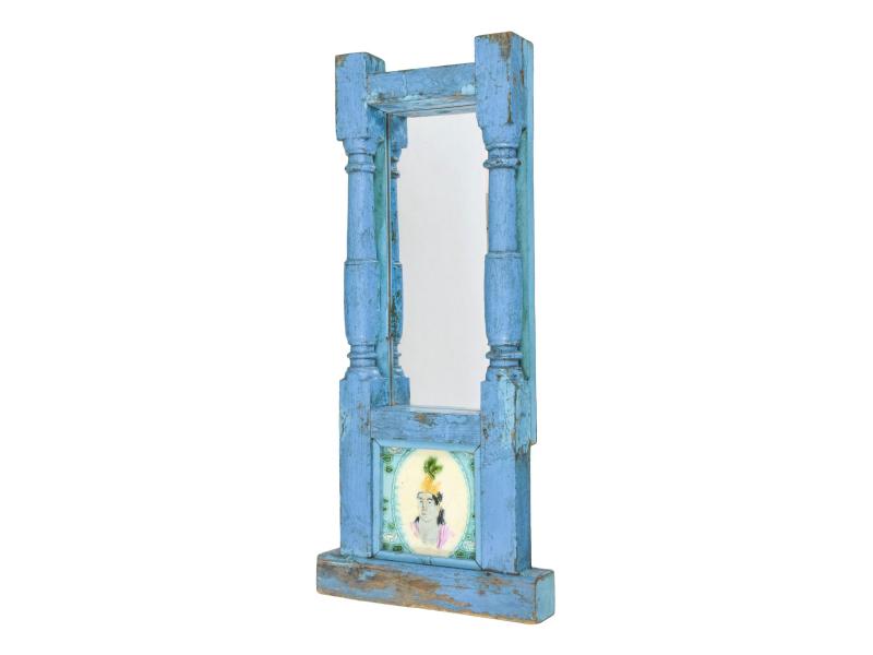 Zrcadlo v rámu z teakového dřeva, keramická dlaždice, 31x7x71cm
