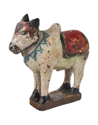 Soška krávy "HOLY COW" ručně vyřezaná ze dřeva, antik, 19x7x21cm